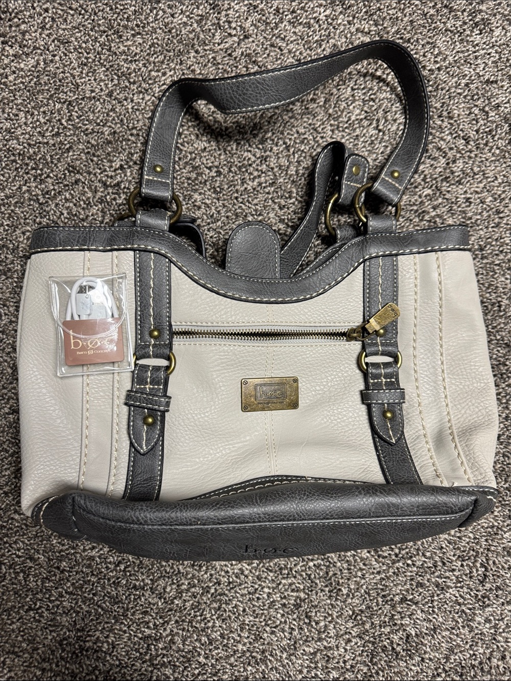 NWOT b.o.c. Two-Tone Cream and Dark Gray Shoulder Tote w/ power bank and charger
